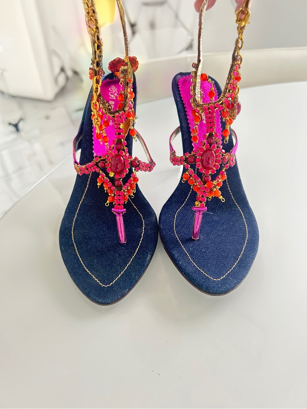 Bronx Navy Sandal with Bright Pink & Coral Embellishments